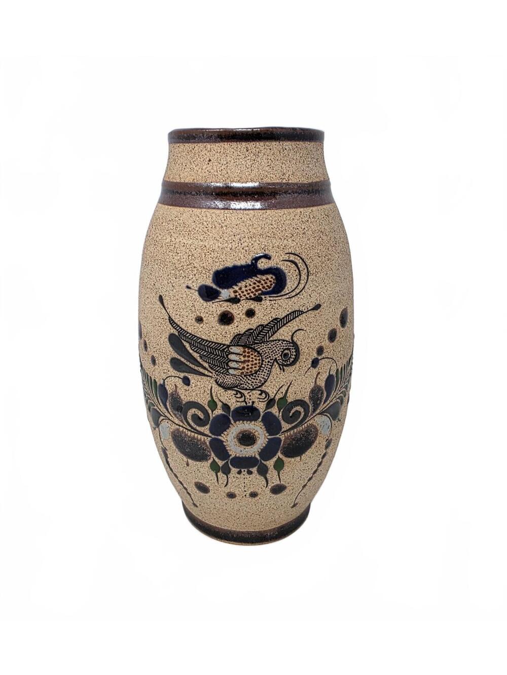 Vintage Netzi Mexico Tonala Pottery Bird Floral Sandstone Vase Signed
